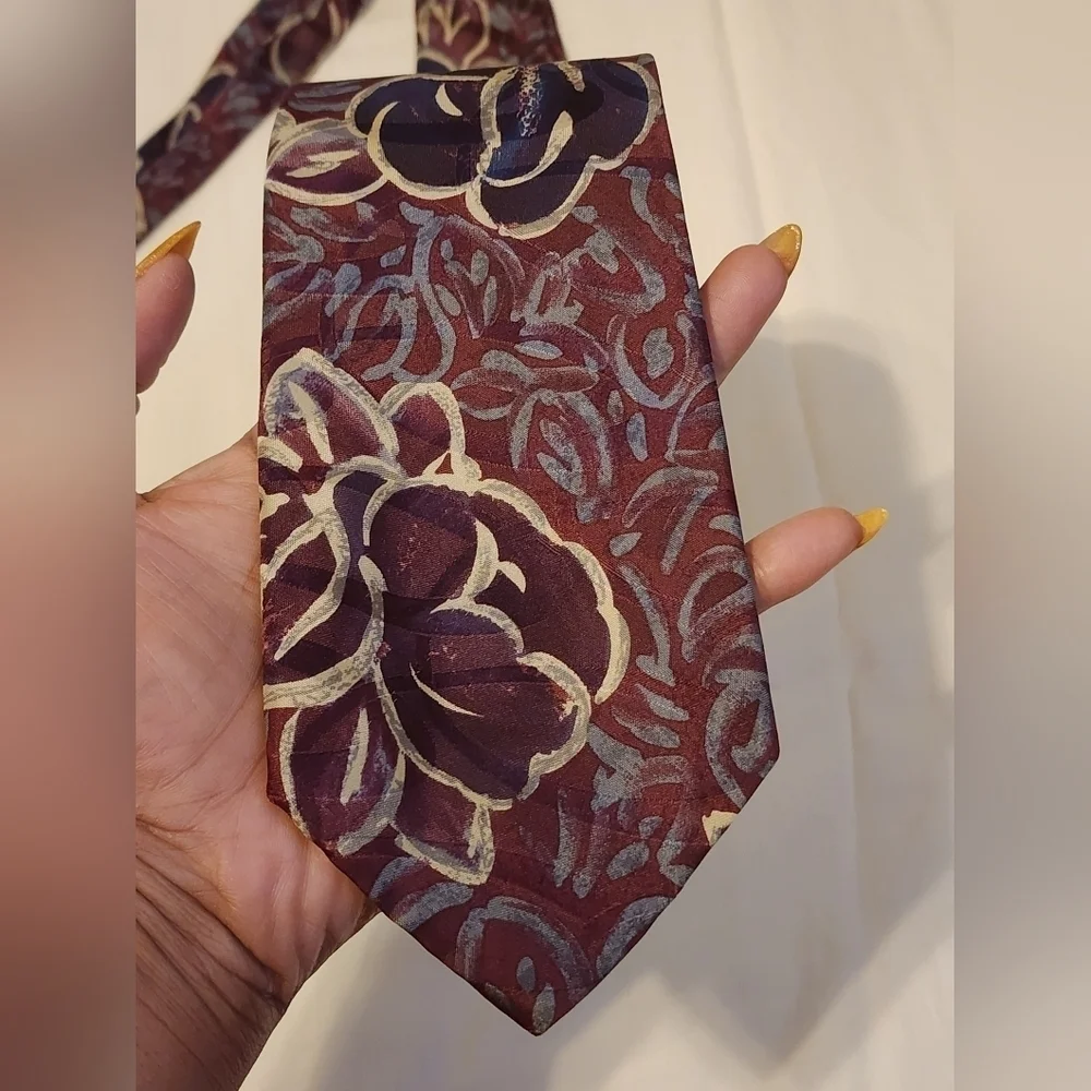 Vintage Floral Silk Tie Burgundy Gold Wide Retro Pattern Necktie OS